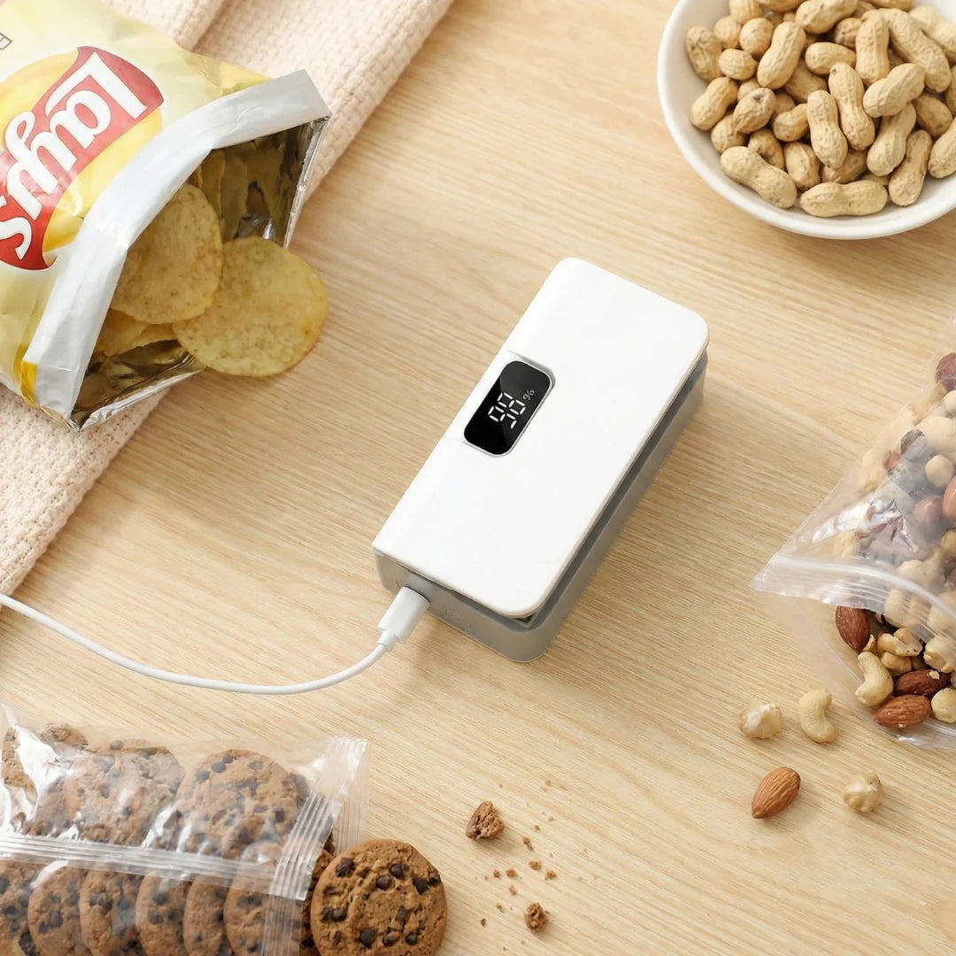 White electronic device on a wooden surface with snacks around